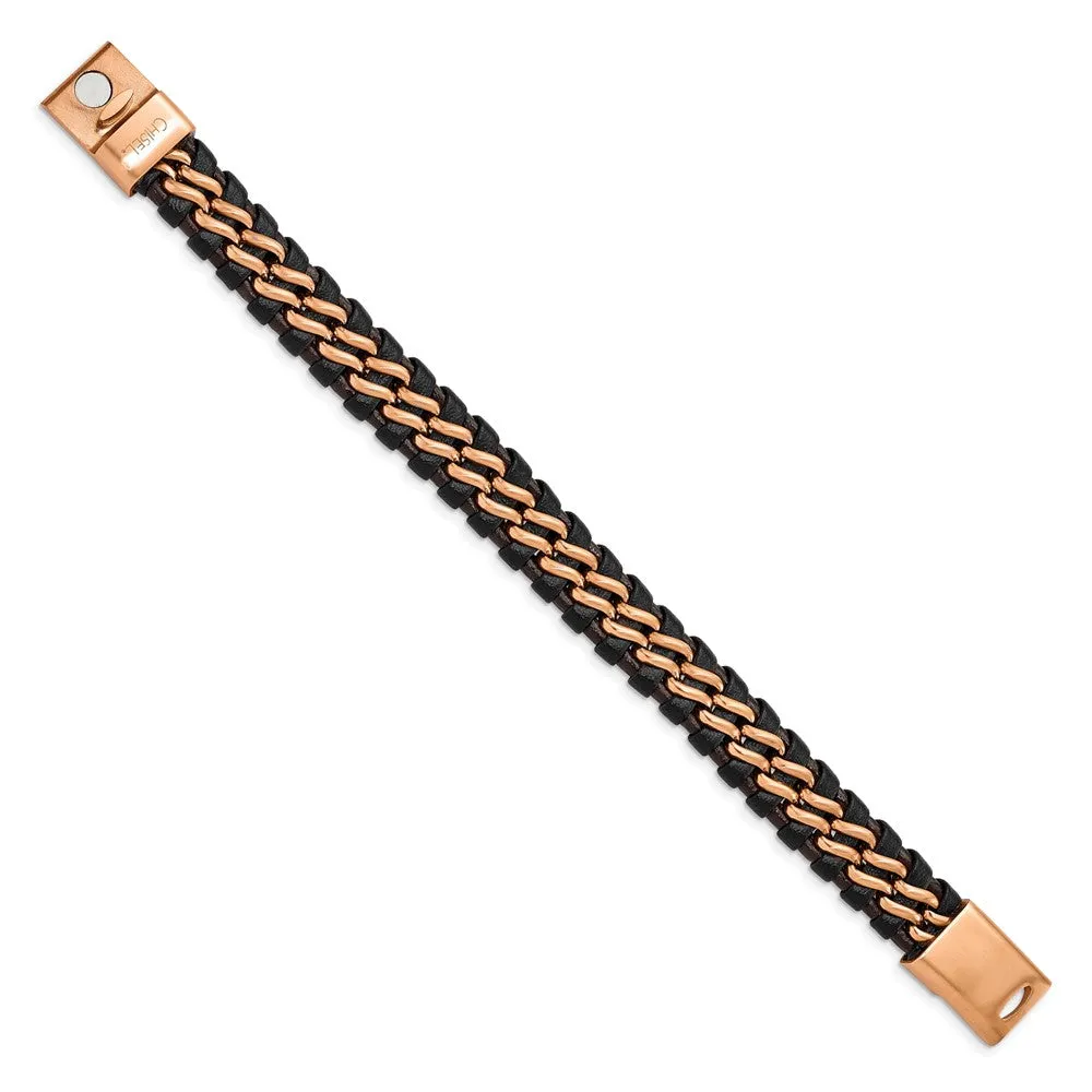 Chisel Stainless Steel Brushed Rose IP-plated Dark Brown Leather 8.5 inch Bracelet
