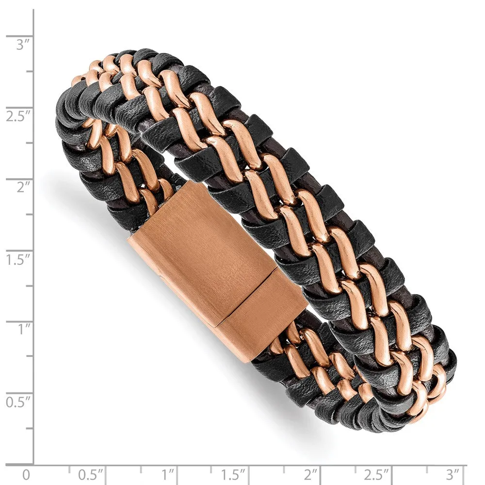 Chisel Stainless Steel Brushed Rose IP-plated Dark Brown Leather 8.5 inch Bracelet