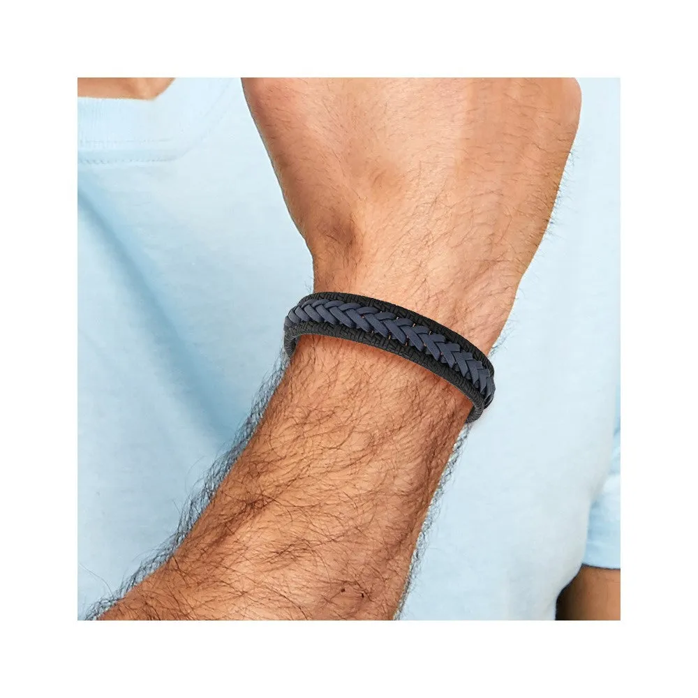 Chisel Stainless Steel Polished Black and Blue Braided Leather 8.25 inch Bracelet