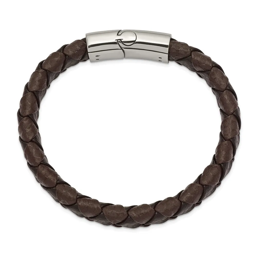 Chisel Stainless Steel Polished Black and Brown Textured Leather 8 inch Bracelet