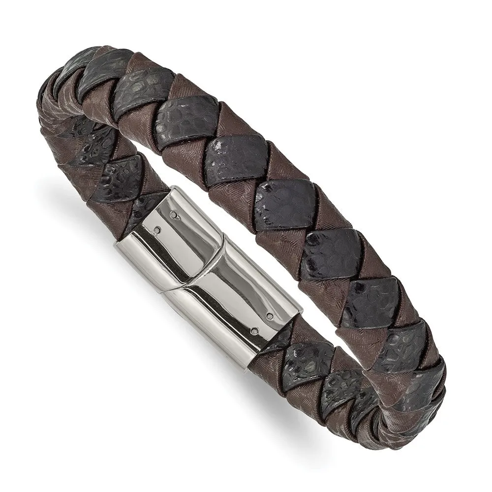 Chisel Stainless Steel Polished Black and Brown Textured Leather 8 inch Bracelet