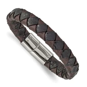 Chisel Stainless Steel Polished Black and Brown Textured Leather 8 inch Bracelet