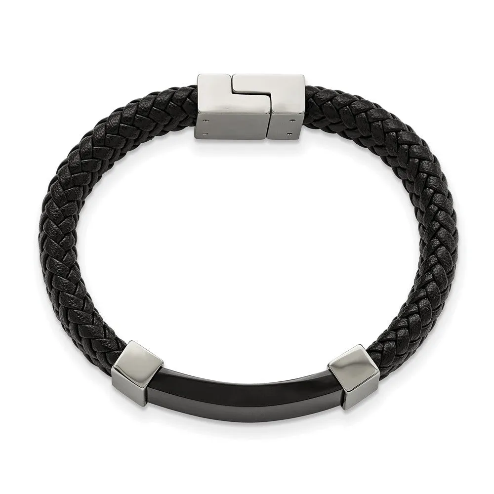 Chisel Stainless Steel Polished Black IP-plated Black Braided Leather 8.5 inch Bracelet