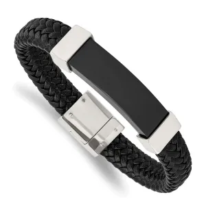 Chisel Stainless Steel Polished Black IP-plated Black Braided Leather 8.5 inch Bracelet