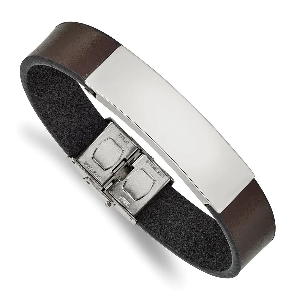 Chisel Stainless Steel Polished Brown Leather 8.25 inch ID Bracelet