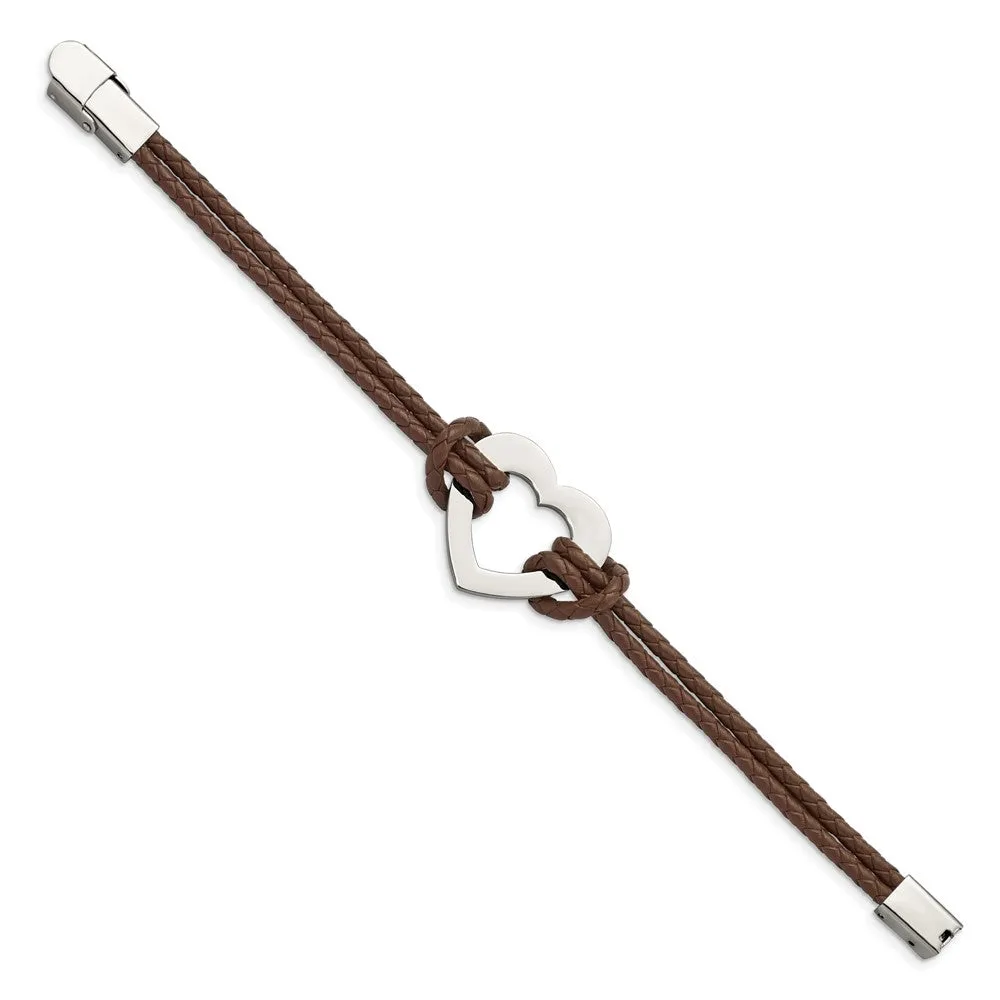 Chisel Stainless Steel Polished Heart Brown Braided Leather 7.5 inch Bracelet