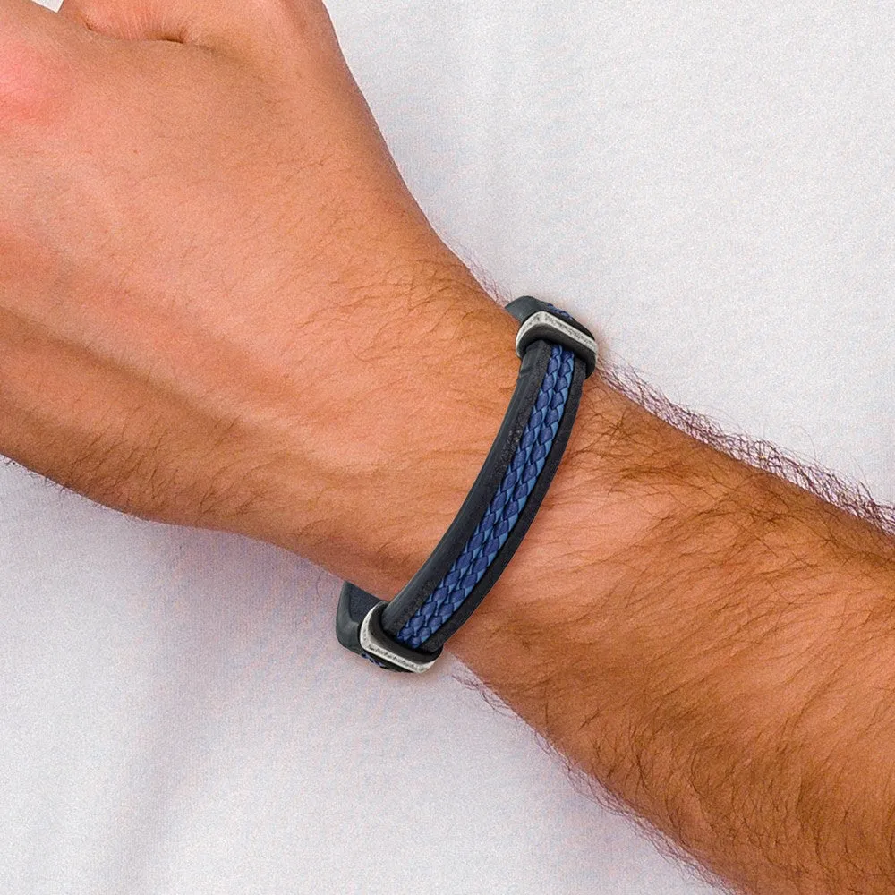 Chisel Stainless Steel Polished with CZ Black and Blue Braided Leather 8 inch Bracelet with .5 inch Extension