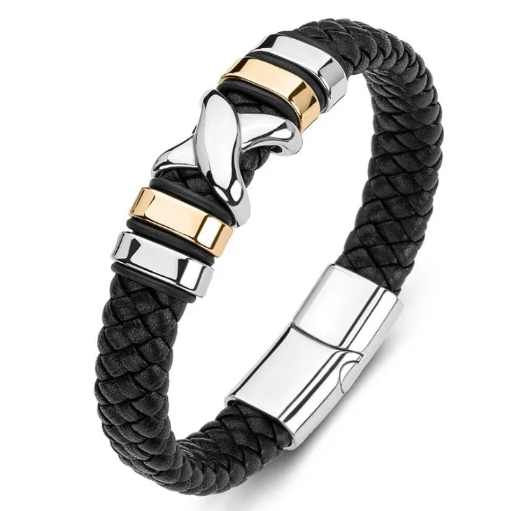 Classic Leather Braided Magnetic Metal Buckle Bracelet