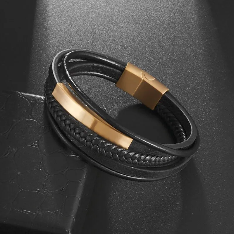Classic Leather Braided Magnetic Metal Buckle Bracelet