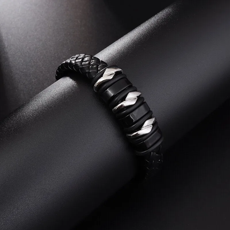 Classic Leather Braided Magnetic Metal Buckle Bracelet