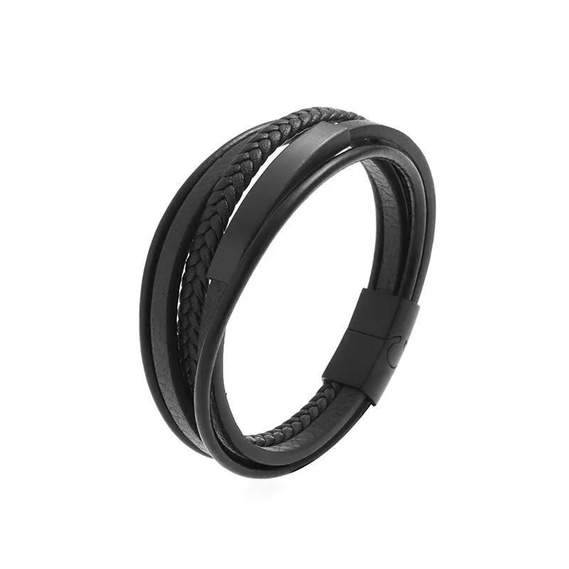 Classic Leather Braided Magnetic Metal Buckle Bracelet