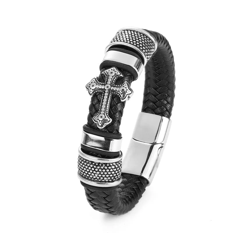 Classic Leather Braided Magnetic Metal Buckle Bracelet