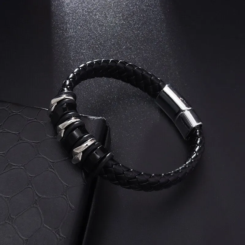Classic Leather Braided Magnetic Metal Buckle Bracelet
