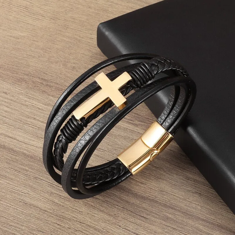 Classic Leather Braided Magnetic Metal Buckle Bracelet