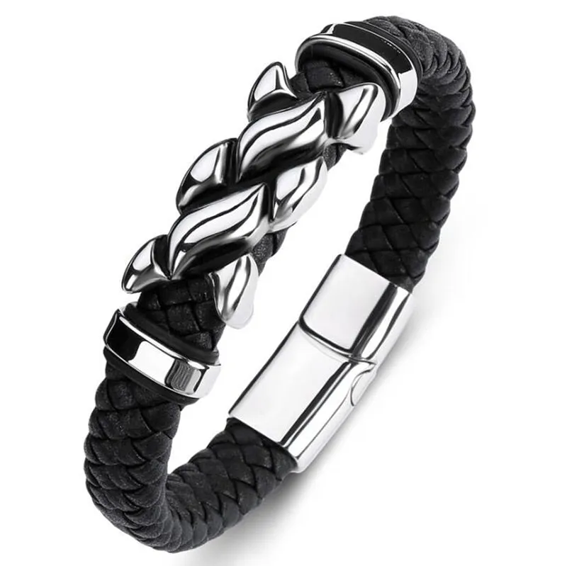 Classic Leather Braided Magnetic Metal Buckle Bracelet