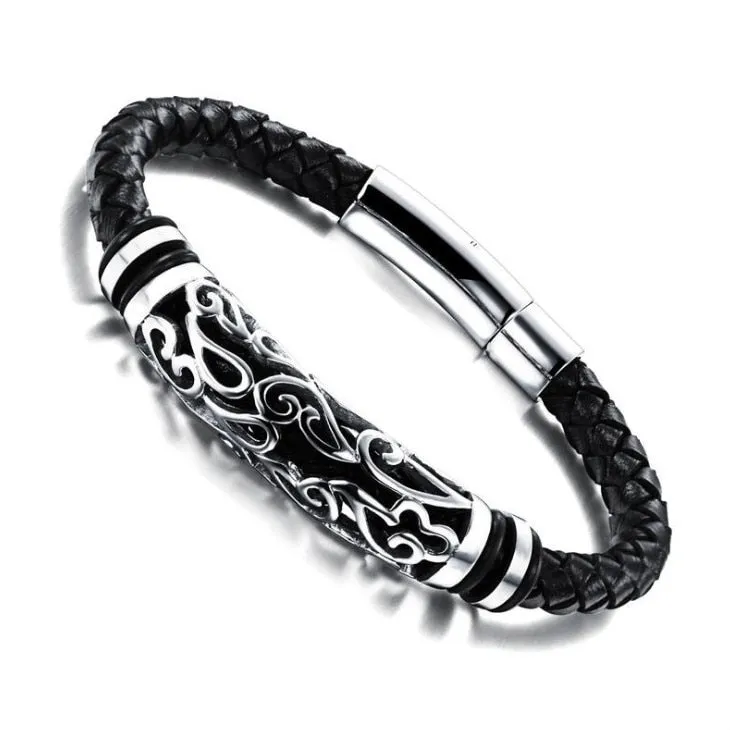 Classic Leather Braided Magnetic Metal Buckle Bracelet
