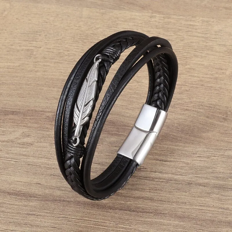 Classic Leather Braided Magnetic Metal Buckle Bracelet