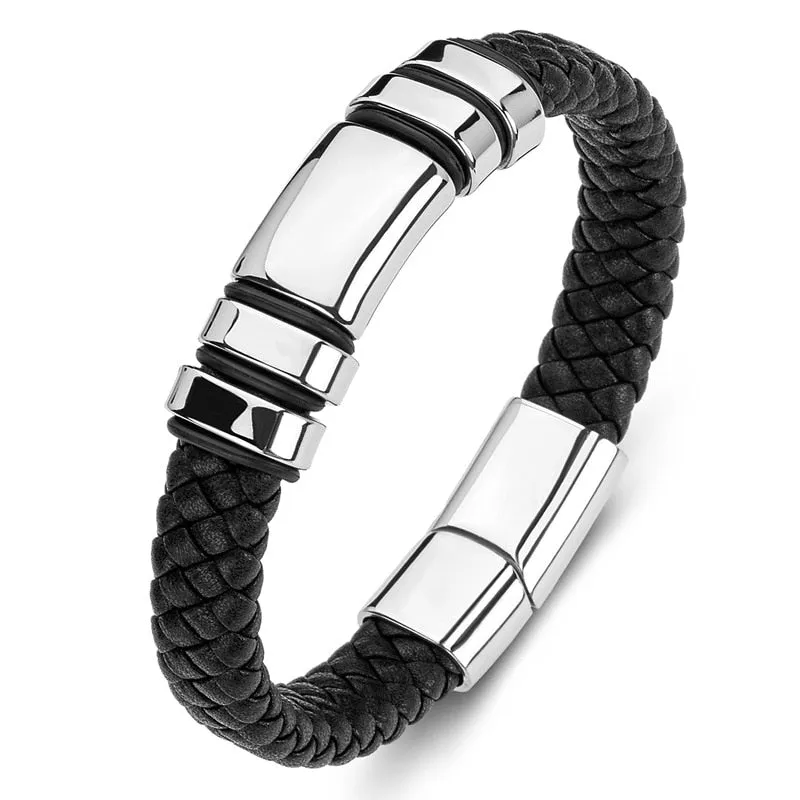 Classic Leather Braided Magnetic Metal Buckle Bracelet