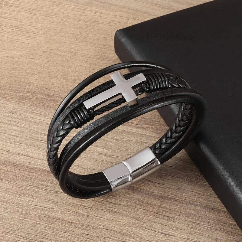 Classic Leather Braided Magnetic Metal Buckle Bracelet