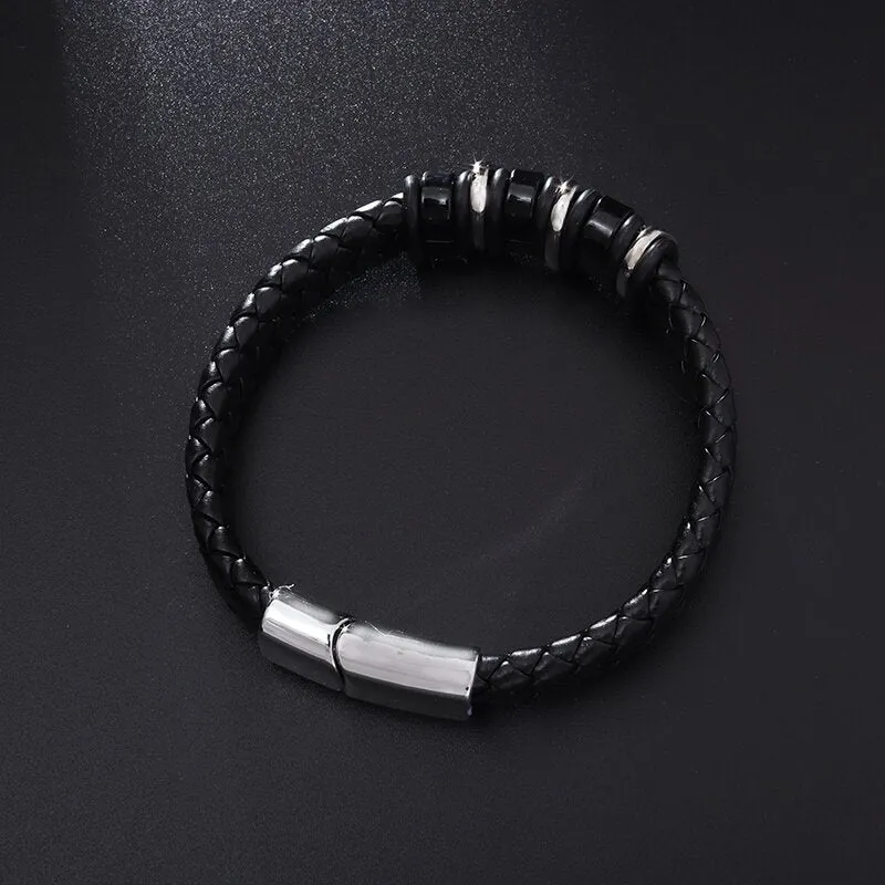 Classic Leather Braided Magnetic Metal Buckle Bracelet