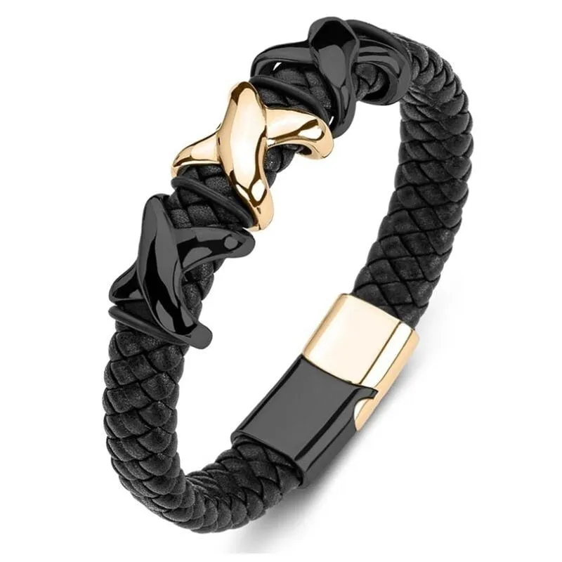 Classic Leather Braided Magnetic Metal Buckle Bracelet