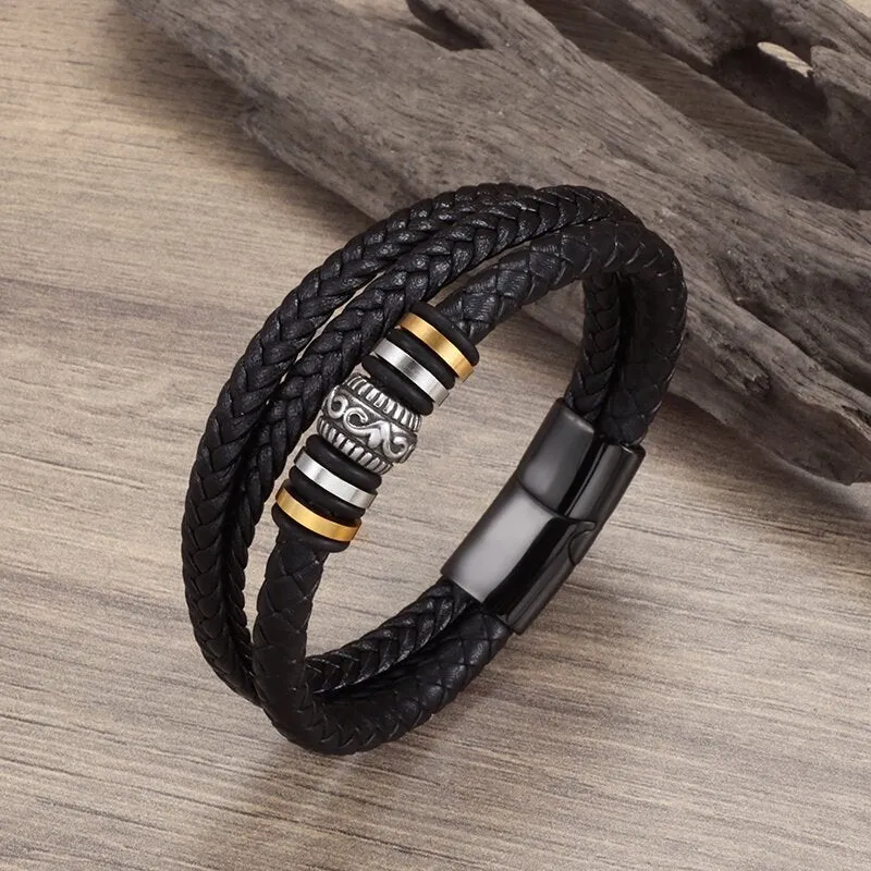 Classic Leather Braided Magnetic Metal Buckle Bracelet