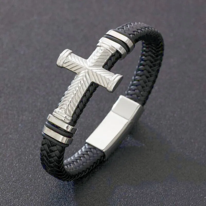 Classic Leather Braided Magnetic Metal Buckle Bracelet