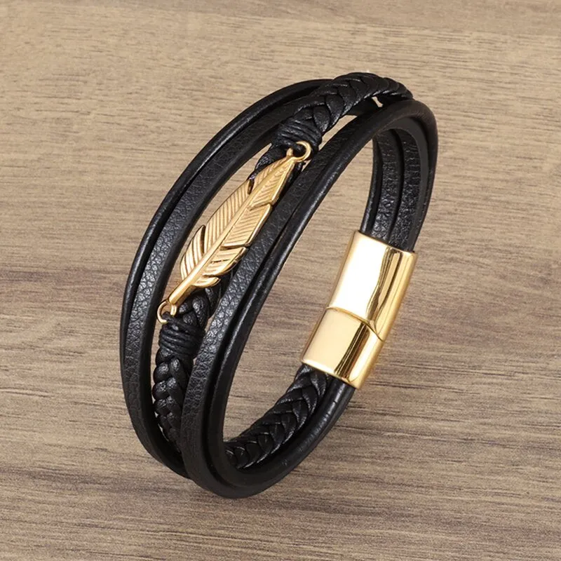 Classic Leather Braided Magnetic Metal Buckle Bracelet
