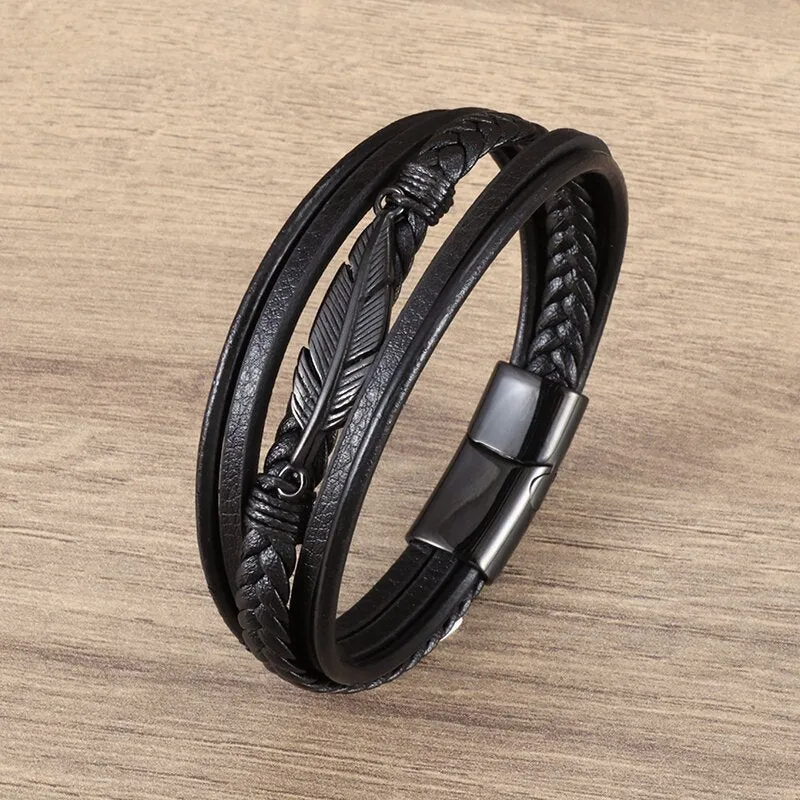 Classic Leather Braided Magnetic Metal Buckle Bracelet