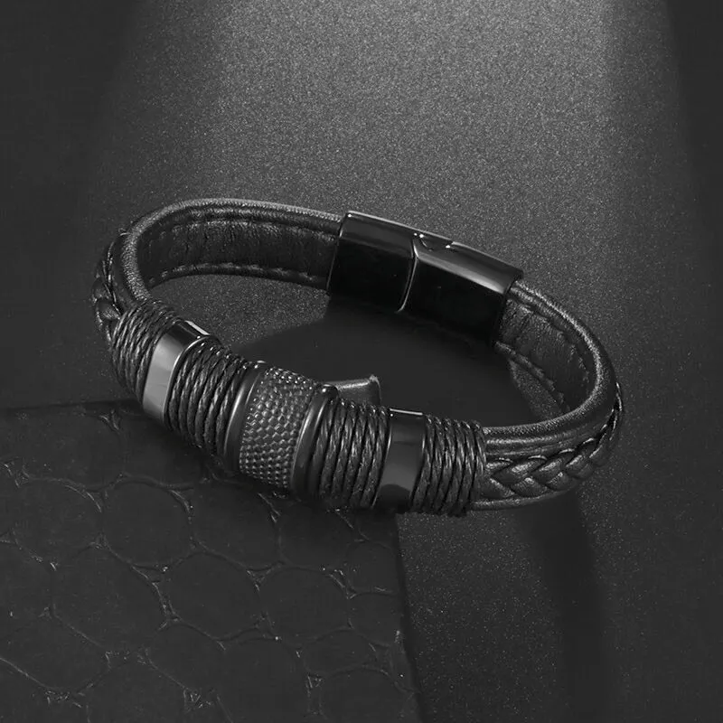 Classic Leather Braided Magnetic Metal Buckle Bracelet