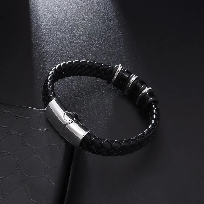 Classic Leather Braided Magnetic Metal Buckle Bracelet