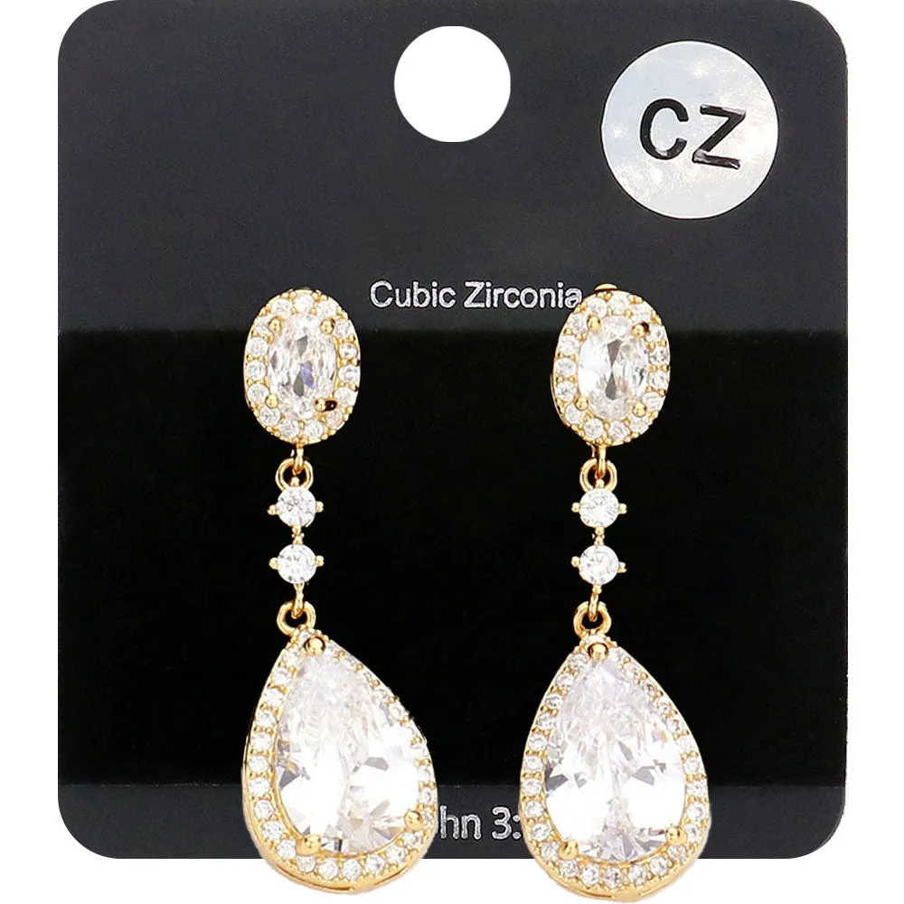 Clear Stone and Rhinestone Trim Small Drop Pageant Earrings on Gold | Small Clear Dangle Earrings on Gold |  518608