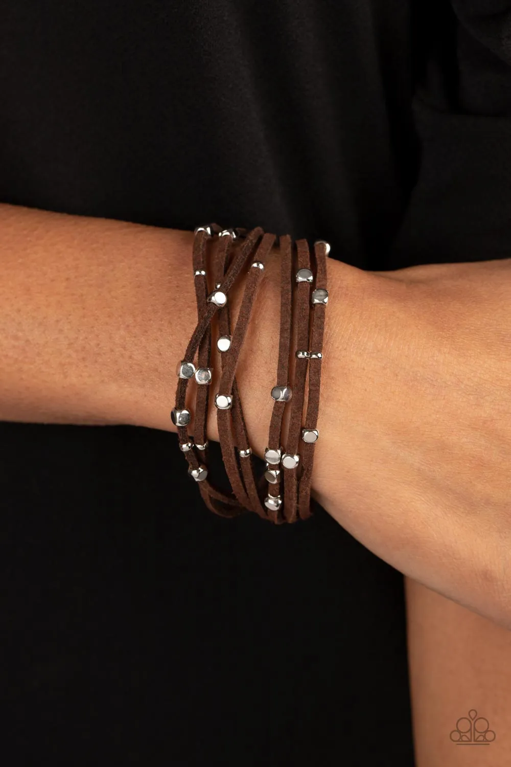 Clustered Constellations - Brown - Suede Cord Silver Stud Paparazzi Magnetic Bracelet