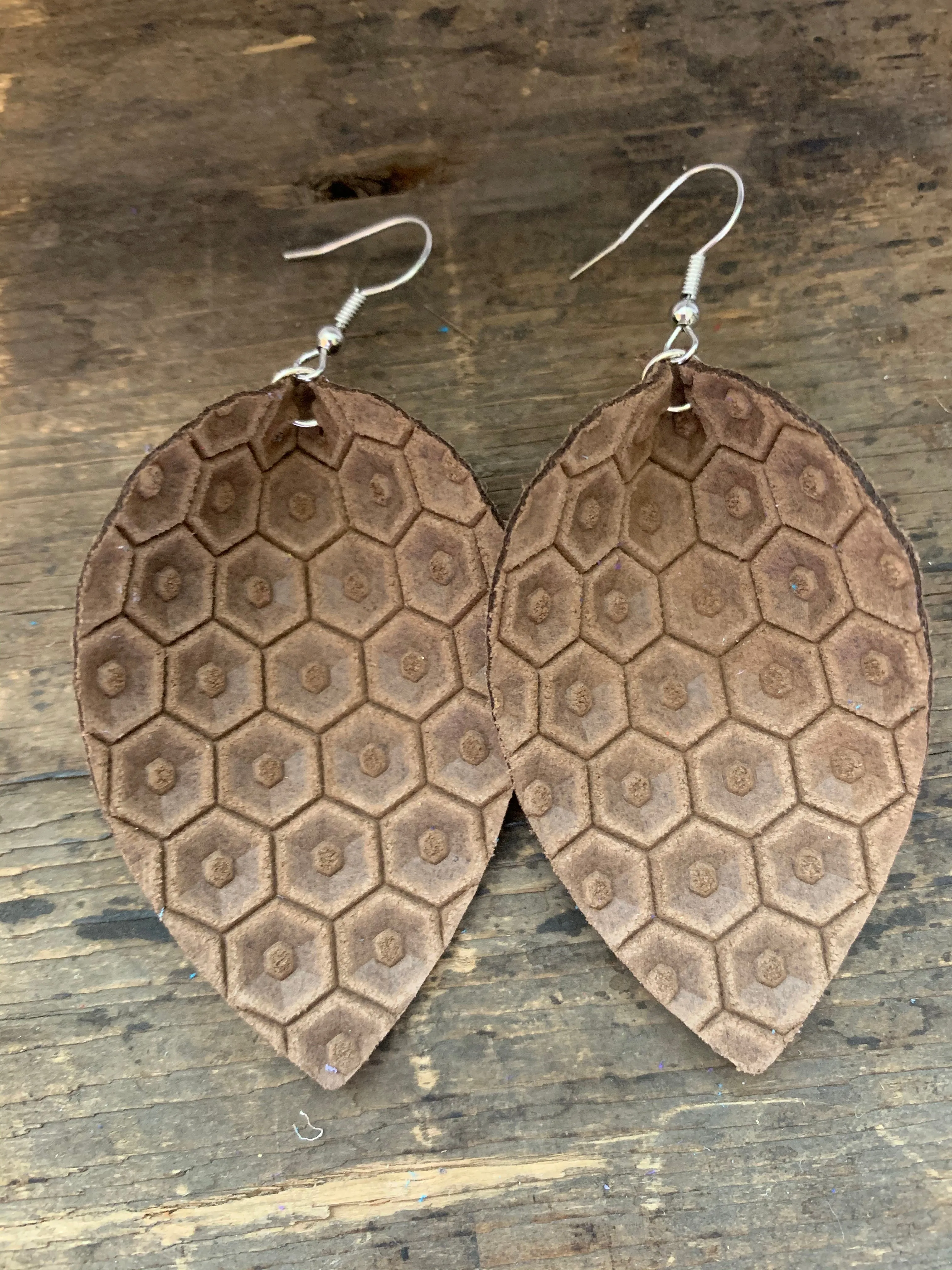 Cocoa Brown Honeycomb Leather Earrings