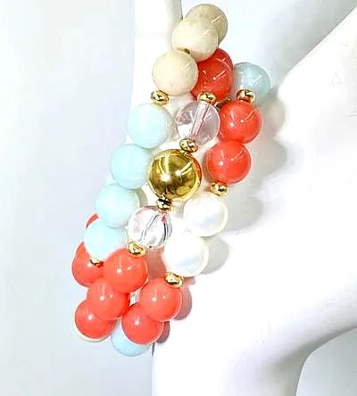 Coral Amazonite Stack Stretch Bracelet Set Gold Fill Accents