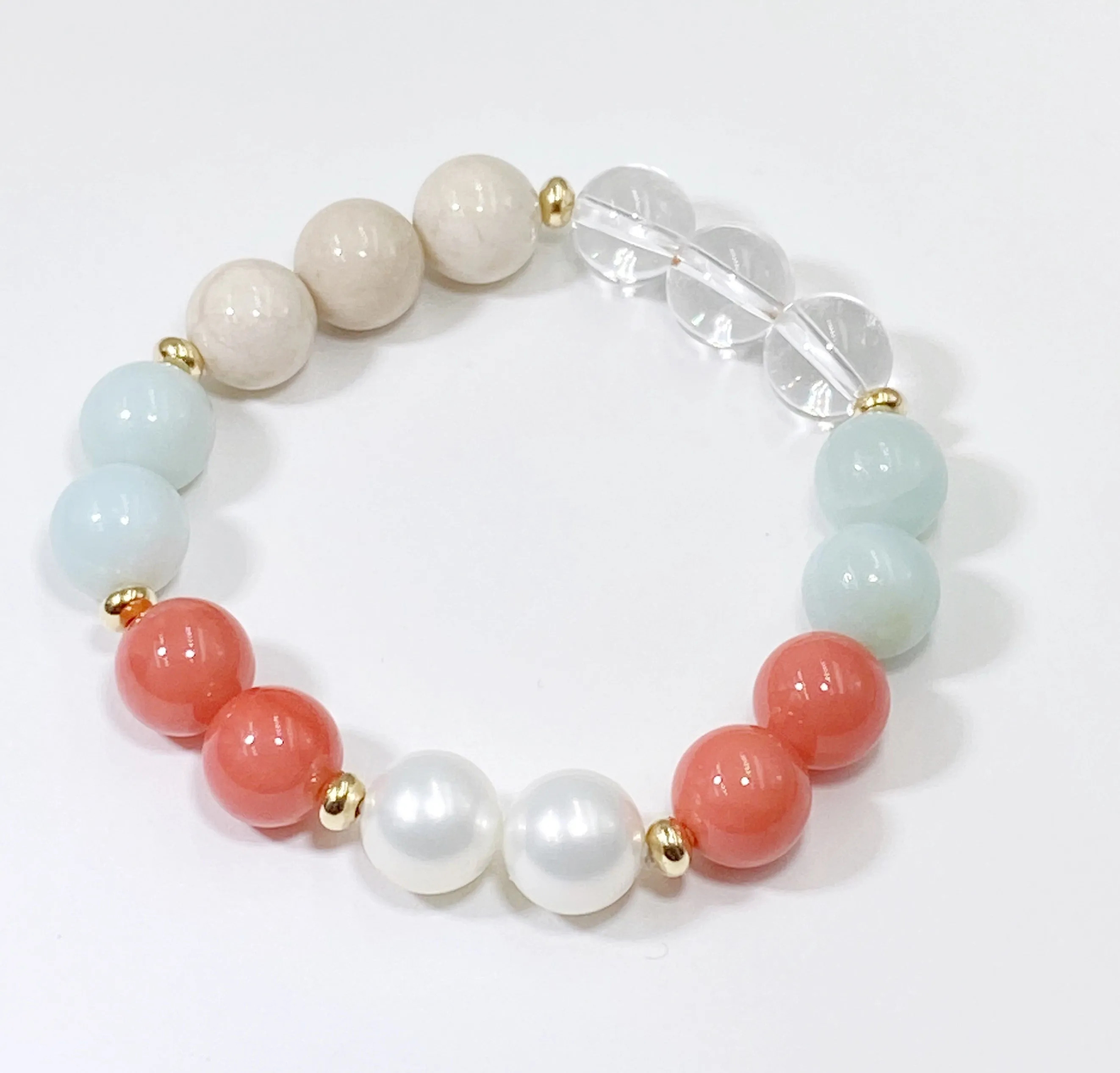 Coral Amazonite Stack Stretch Bracelet Set Gold Fill Accents