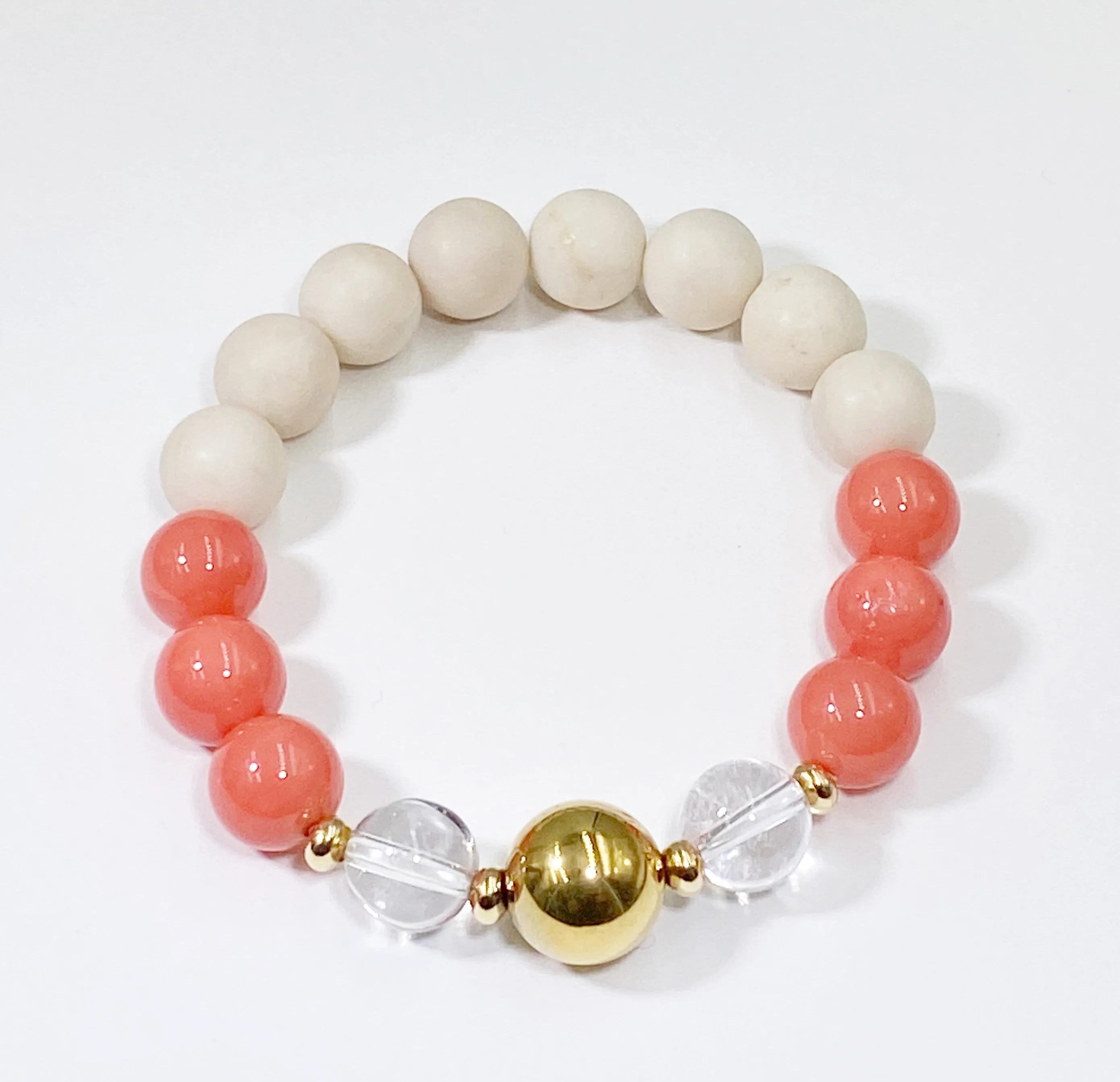 Coral Amazonite Stack Stretch Bracelet Set Gold Fill Accents