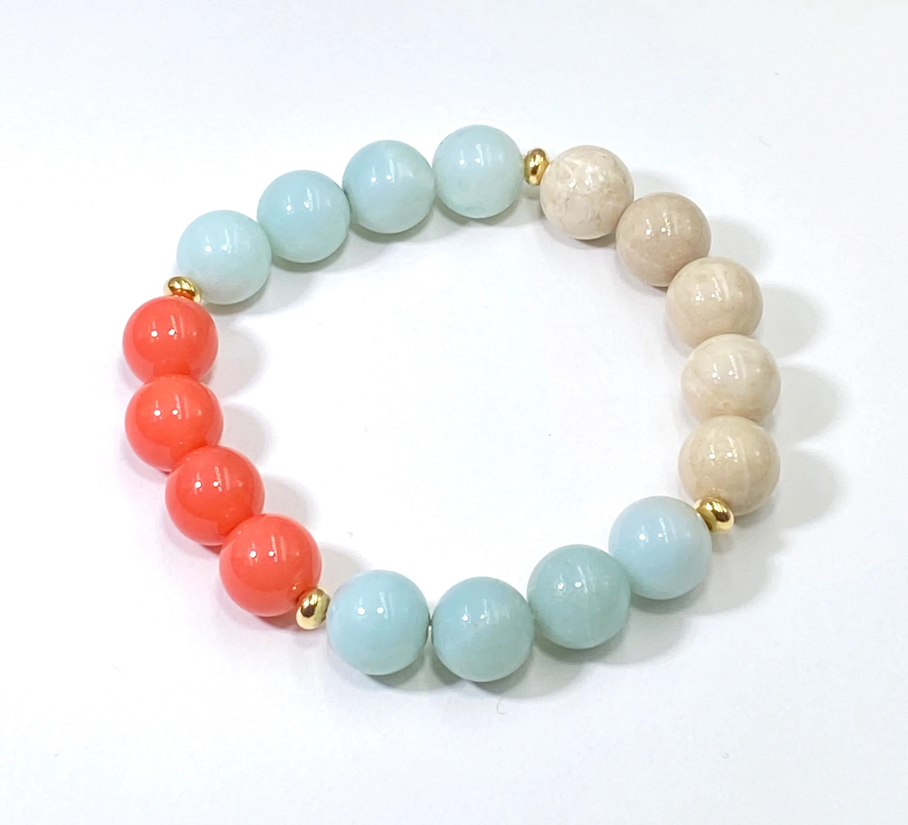 Coral Amazonite Stack Stretch Bracelet Set Gold Fill Accents