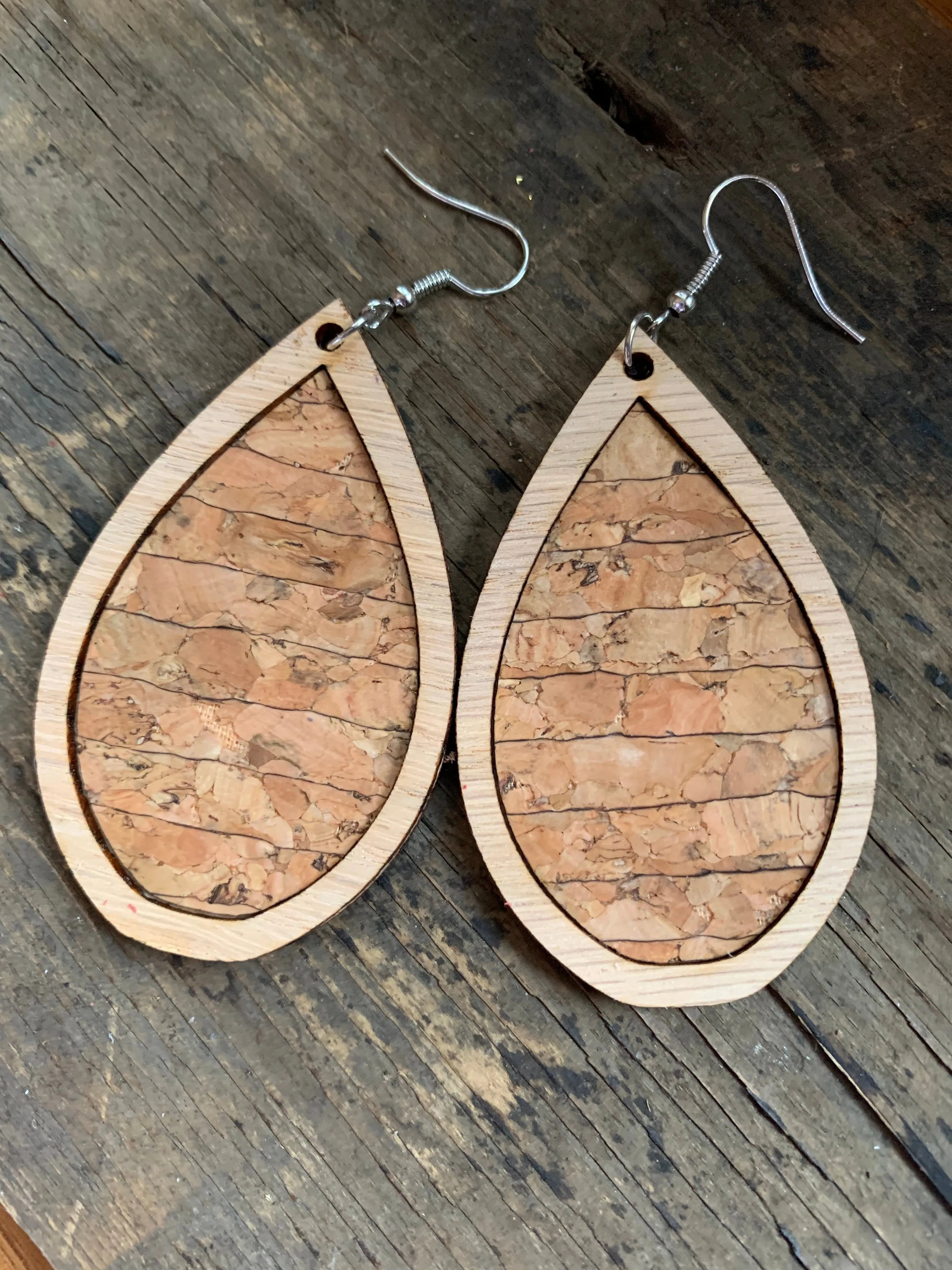 Cork Stripe Wood Teardrop Earrings