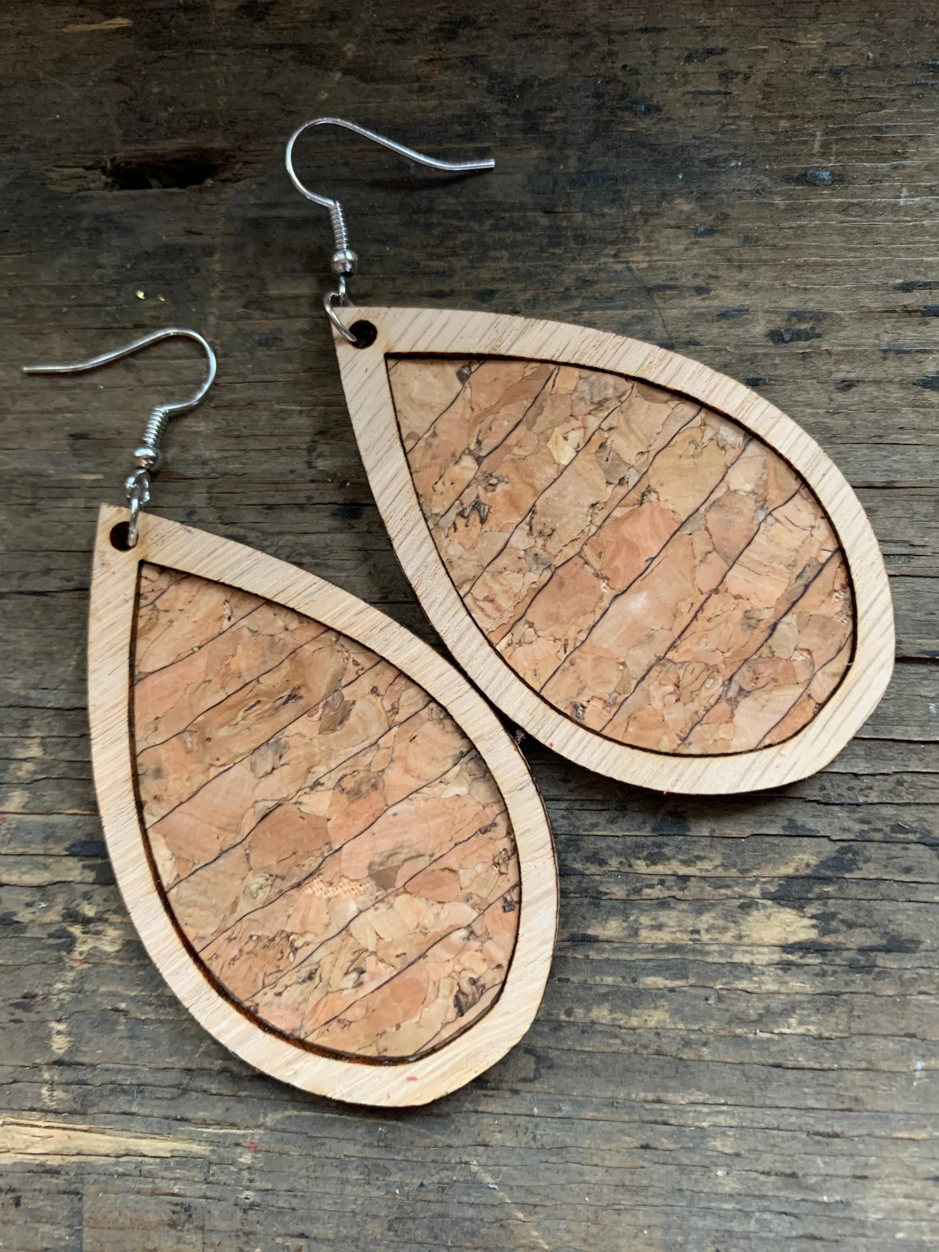 Cork Stripe Wood Teardrop Earrings