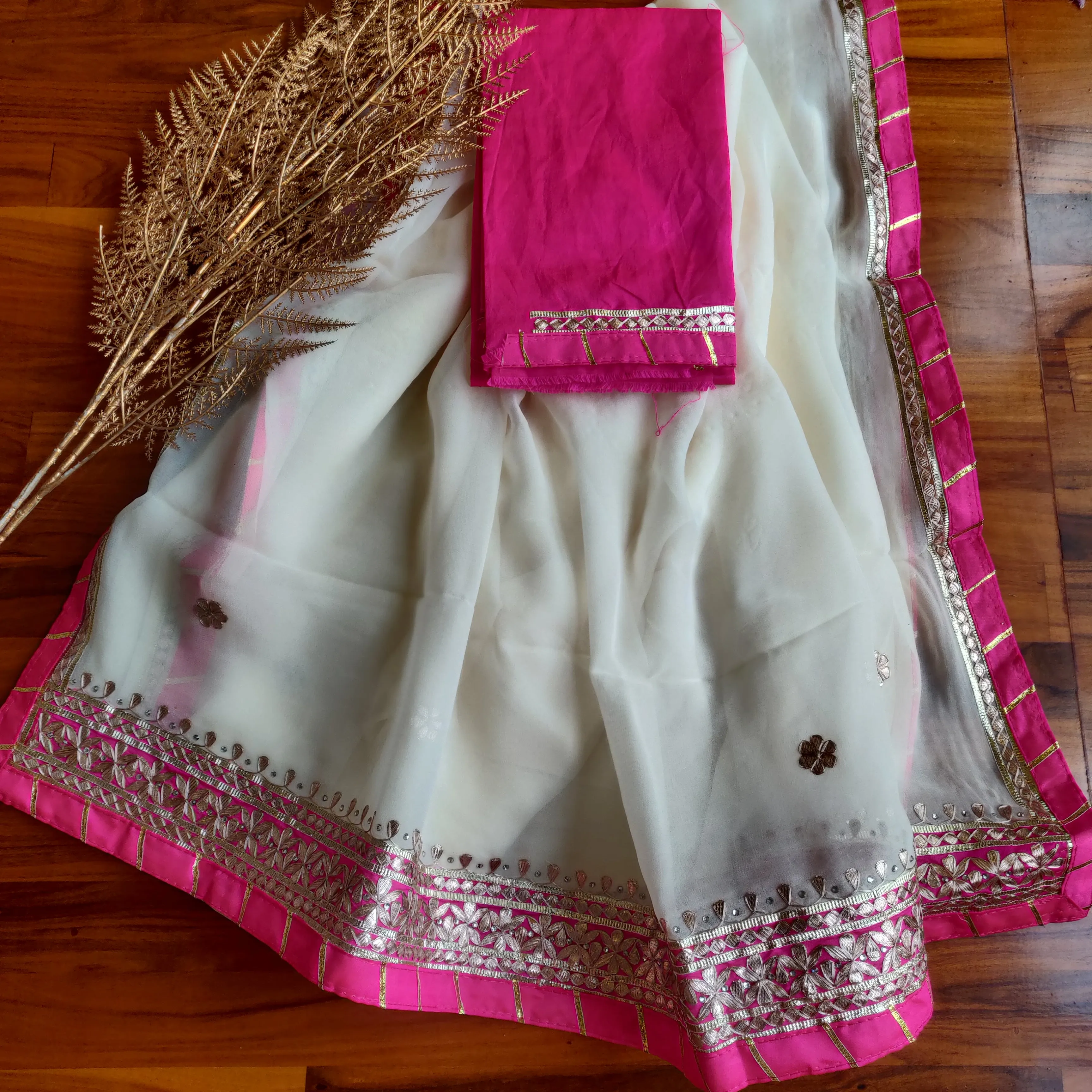 Cream And Pink Gota Patti Saree With Border