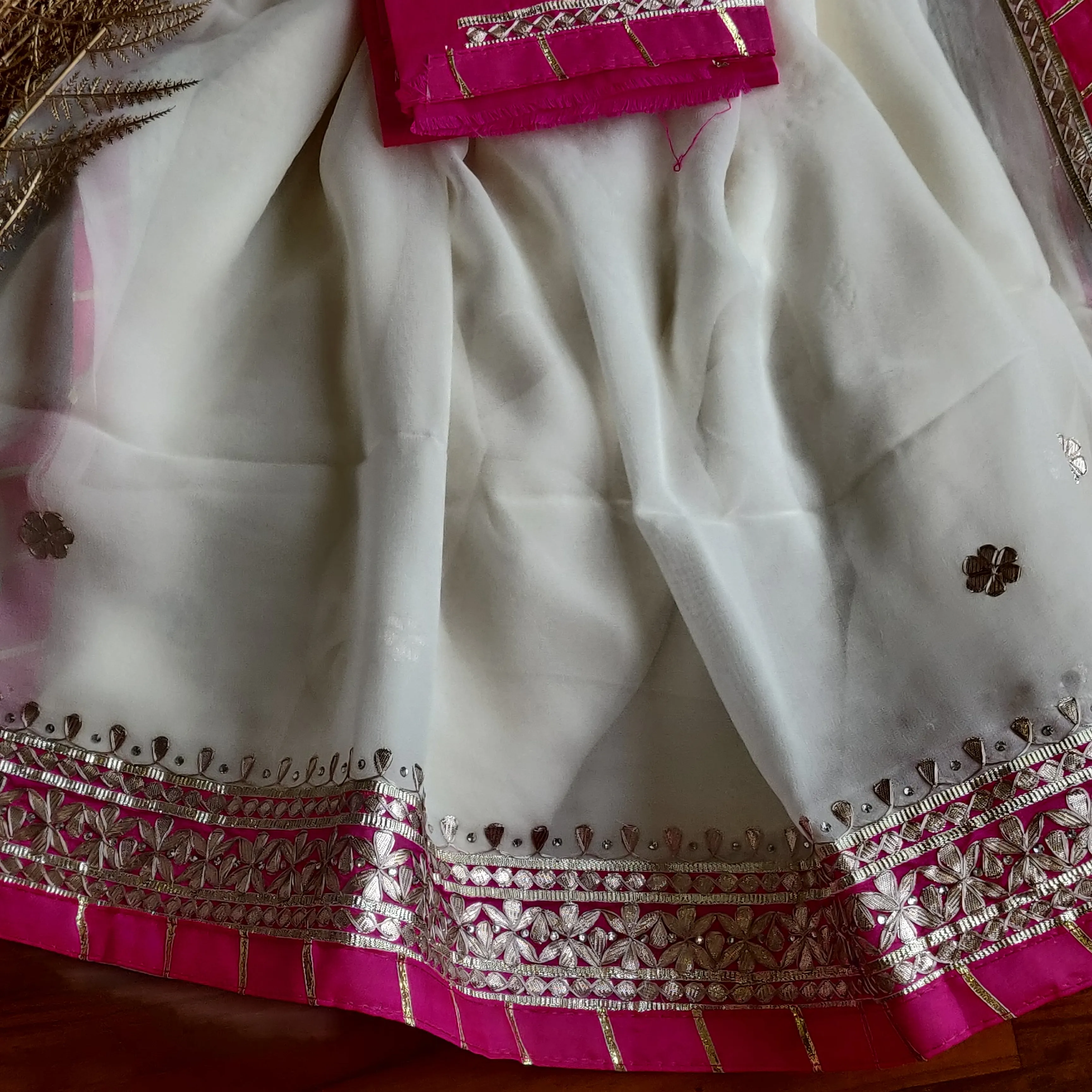 Cream And Pink Gota Patti Saree With Border