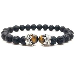 Crowned Eye of Tiger and Lava Stone Braided Bracelet
