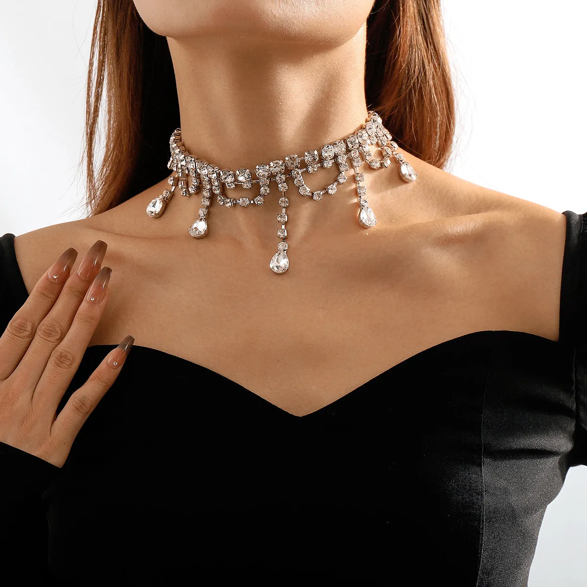 Crystal & Cubic Zirconia Silver-Plated Drop Tassel Choker