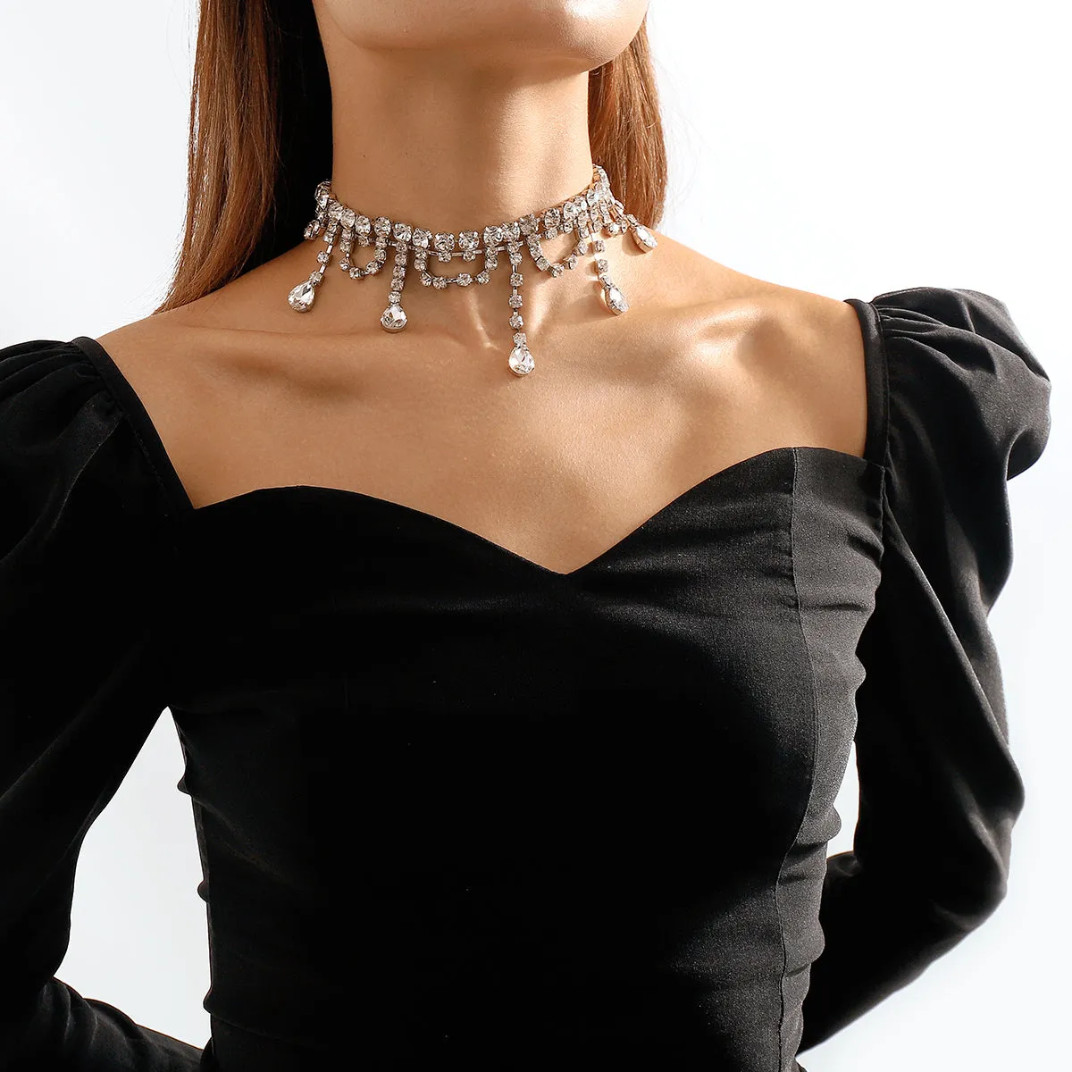 Crystal & Cubic Zirconia Silver-Plated Drop Tassel Choker