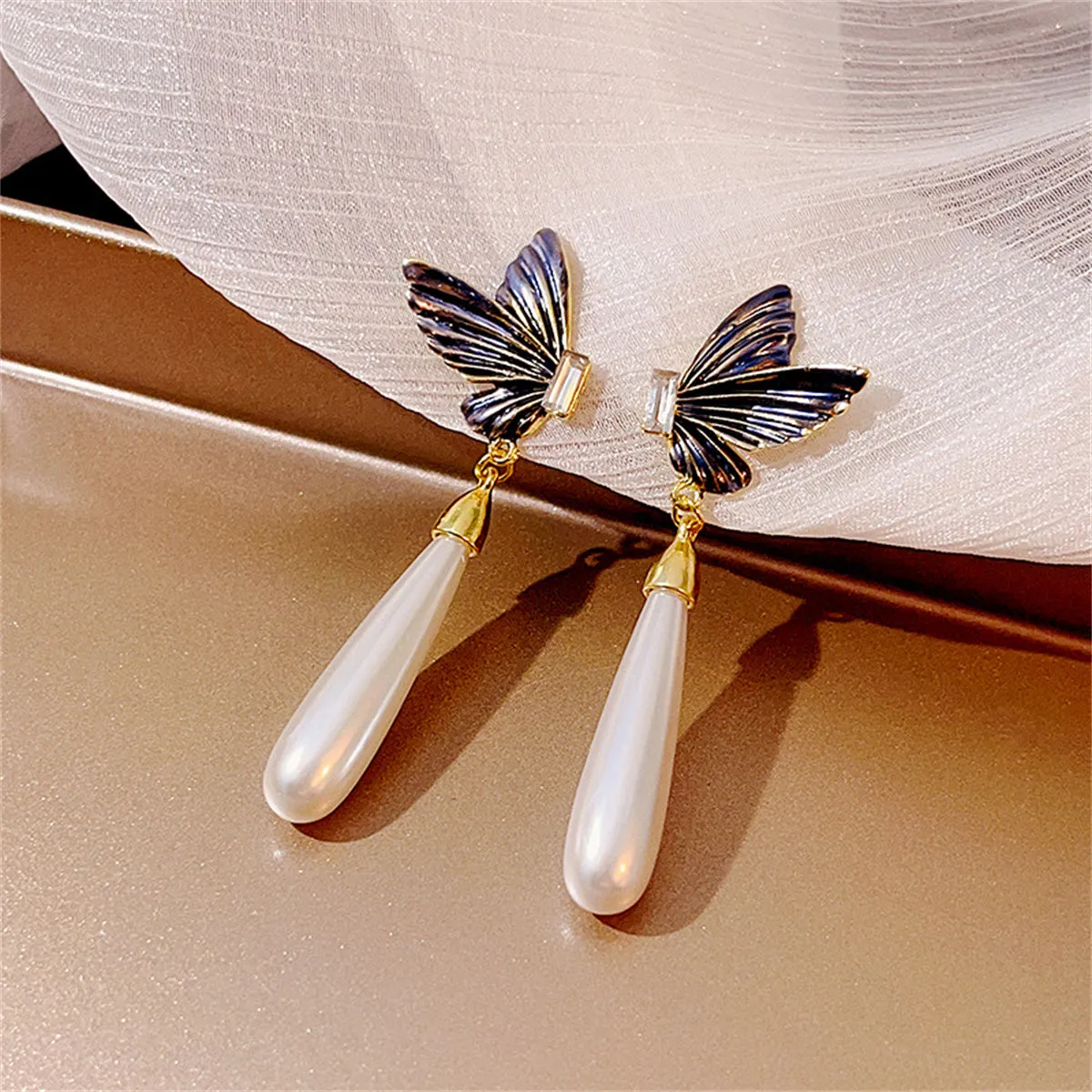 Crystal & Pearl 18K Gold-Plated Butterfly Drop Earrings