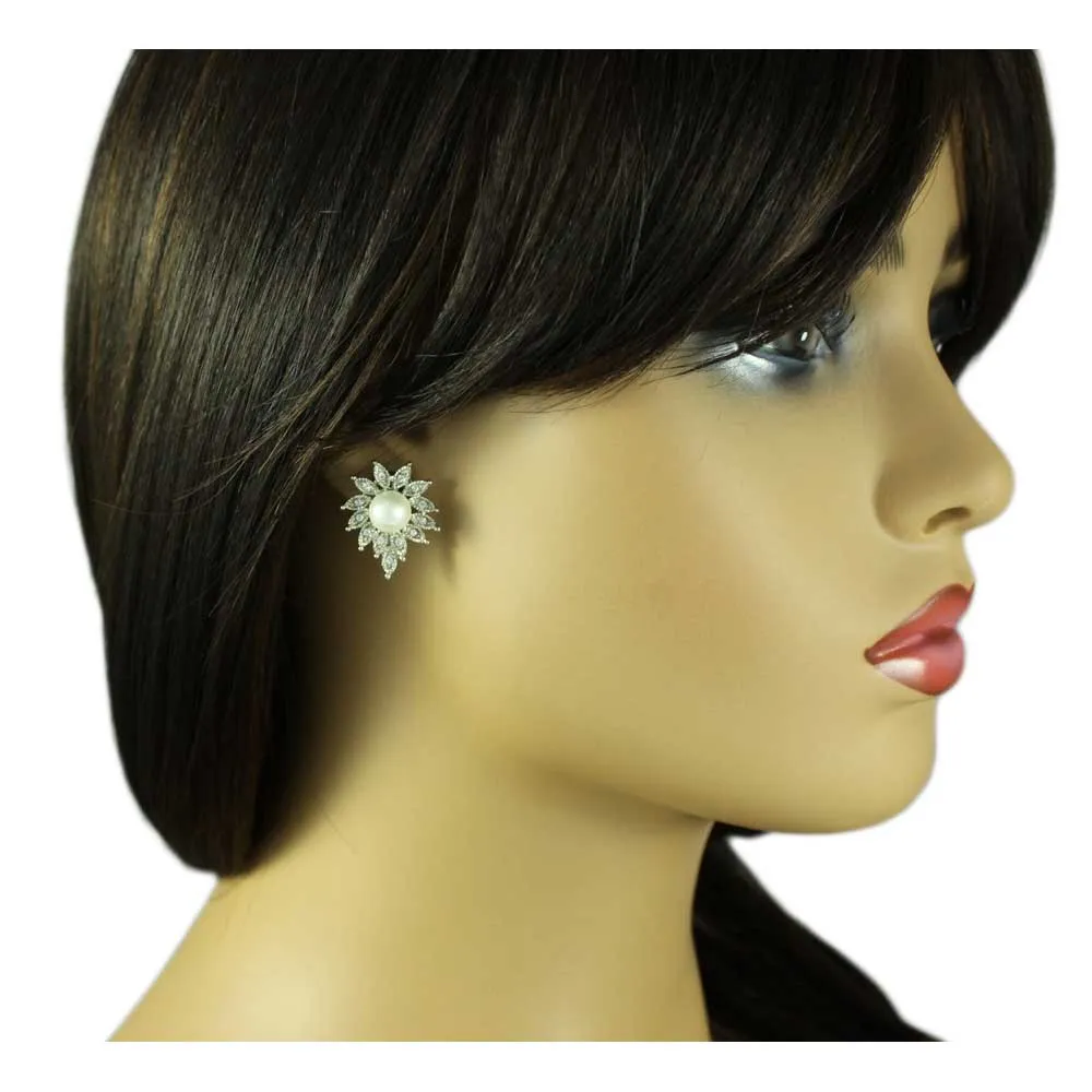 Crystal Sunburst with White Pearl Clip On Earring - PRE904C