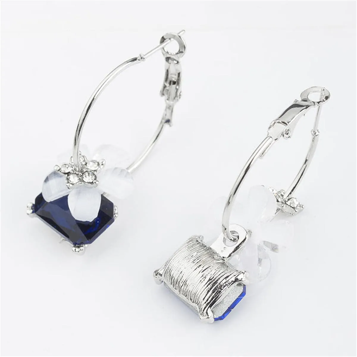 Cubic Zirconia & Blue Crystal Flower Hoop Earrings