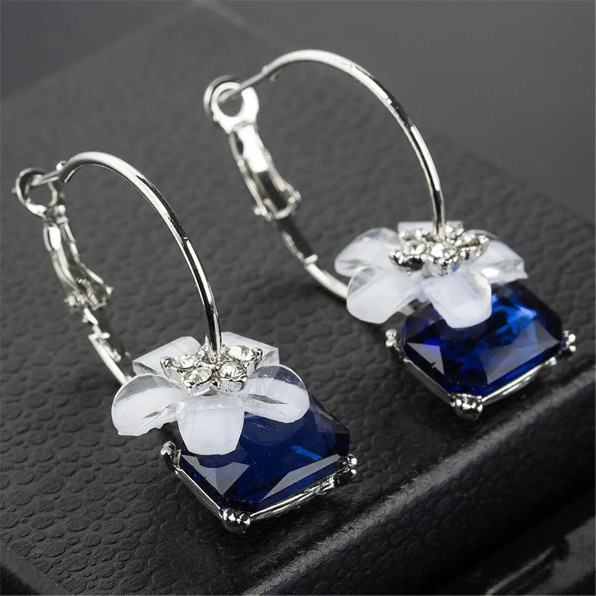 Cubic Zirconia & Blue Crystal Flower Hoop Earrings