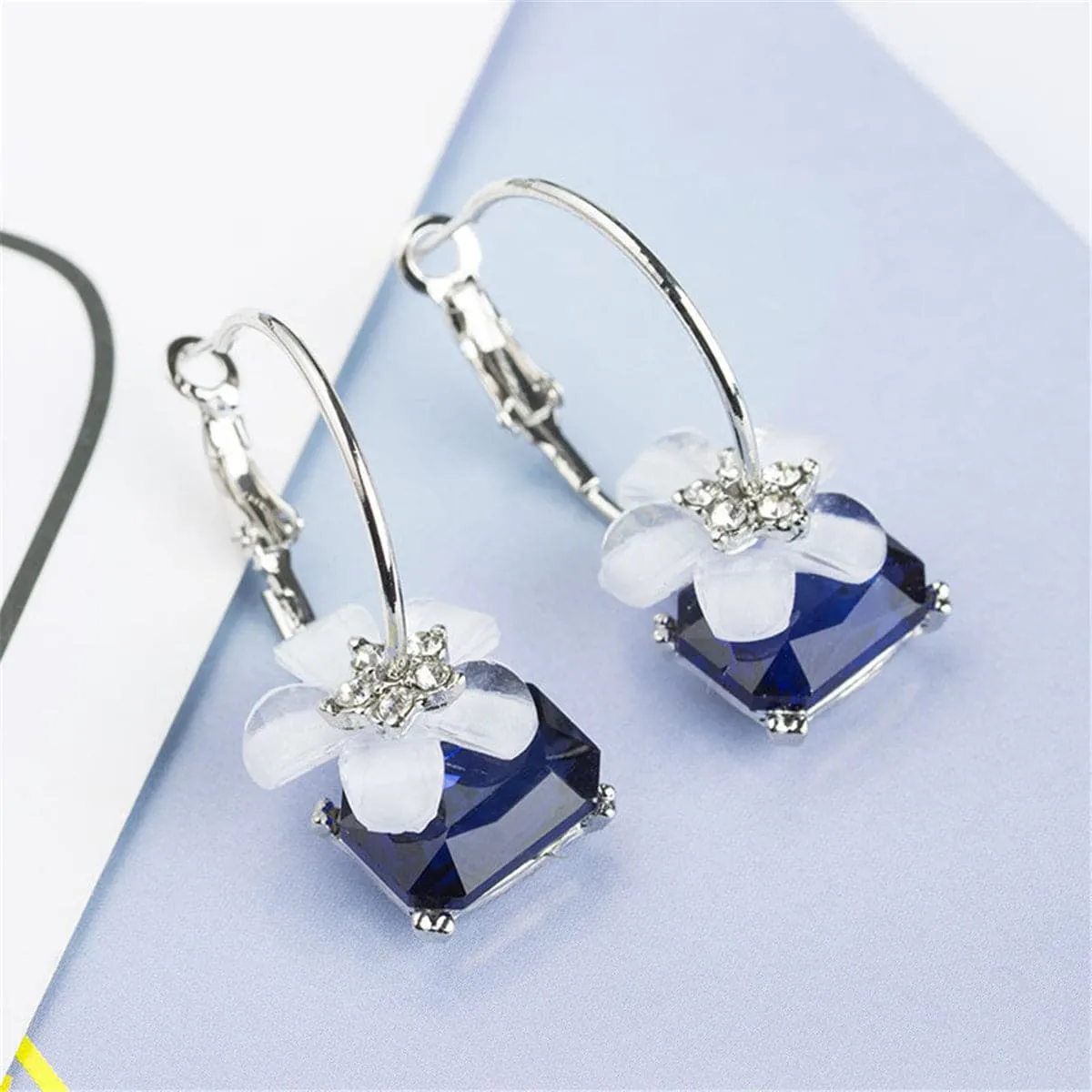 Cubic Zirconia & Blue Crystal Flower Hoop Earrings